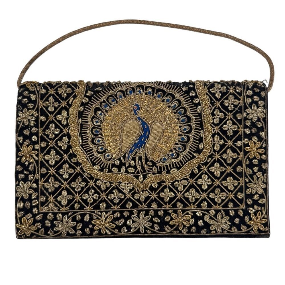 Vintage Black Velvet Peacock Gold Embroidered Beaded Floral Evening Bag Clutch - Picture 5 of 16